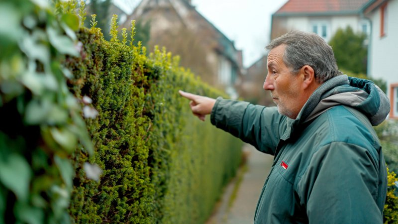 Mann zeigt auf hohe Hecke zwischen Häusern