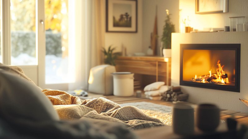 Gemütliches Wohnzimmer mit Kamin und Winterlandschaft