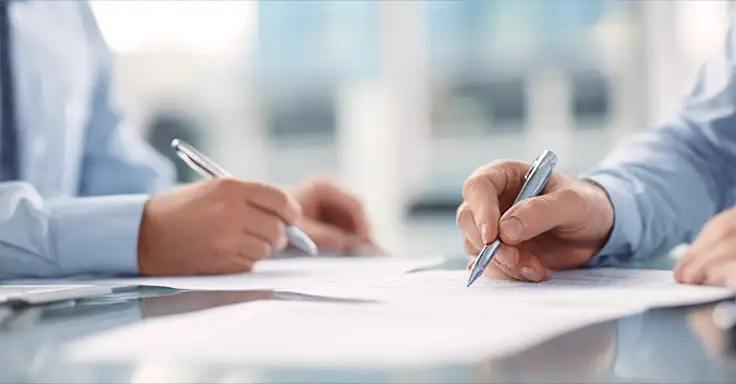 Zwei Personen unterzeichnen Vertragsdokumente