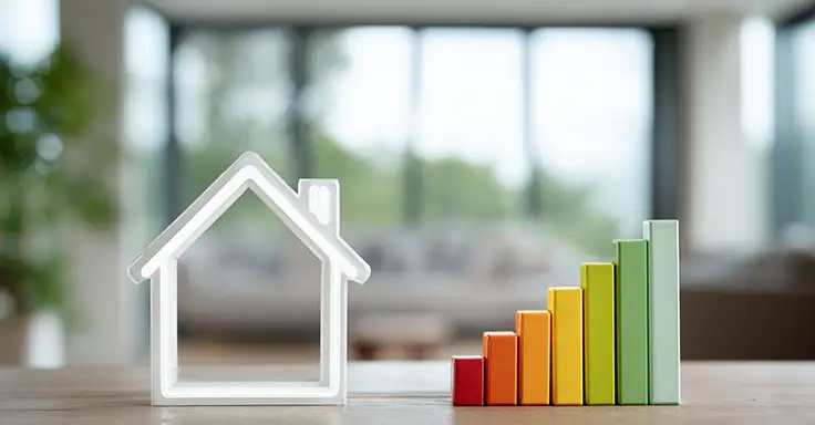 Hausmodell neben farbigen Energieeffizienz-Balken