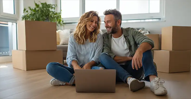 Lächelndes Paar sitzt vor Laptop in neuer Wohnung
