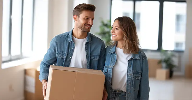 Lächelndes Paar trägt Umzugskarton in neuer Wohnung