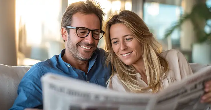 Lächelndes Paar liest zusammen eine Zeitung auf dem Sofa