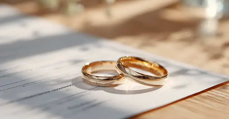 Zwei Eheringe auf einem Dokument