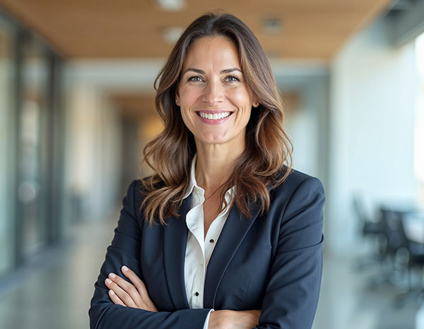 Lächelnde Frau im Anzug steht mit verschränkten Armen im Büro